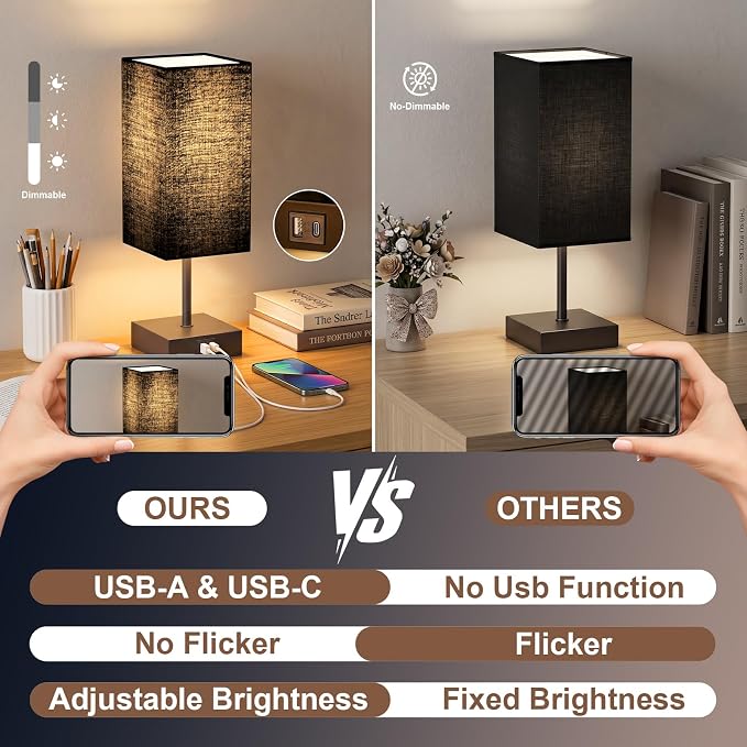 Bedside Lamp for Bedroom Touch Control Nightstand Lamp with USB C+A | Table Lamp Black Lampshade 14-inch, 3 Way Dimmable, Small Bedside Lamps for Living Room ,Dorm, Office, LED Bulbs Included