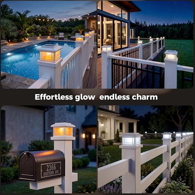 JOFIOS Flickering Flame Solar Post Cap Lights Outdoor, White Post Lights with 3 Color Temperature, Fits 3.5" 4" 4.5" 5" Wood/Vinyl Posts, IP64 Waterproof Fence Deck Lights for Garden Patio Yard 8 Pack