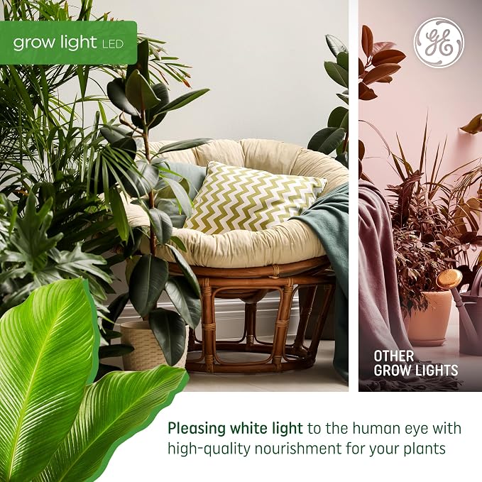 GE Grow Lights for Indoor Plants, A19 LED Light Bulbs for Seeds and Greens with Balanced Light Spectrum, White Indoor Plant Light, 25,000 Hours Lifespan, 16 PPF, 4 Pack (Packaging May Vary)