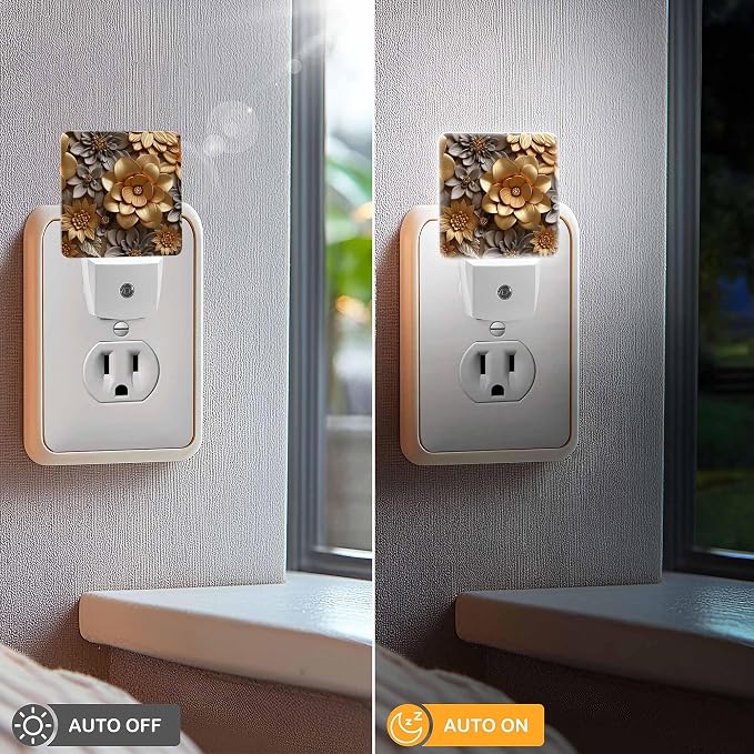 LED Night Light Lamp with Smart Sensor Dusk to Dawn Sensor,Abstract Artistic Floral Golden Brushstrokes Night Light Daylight White,0.5W Plug-into Wall for Adults,Bedroom,Hallway,Kitchen