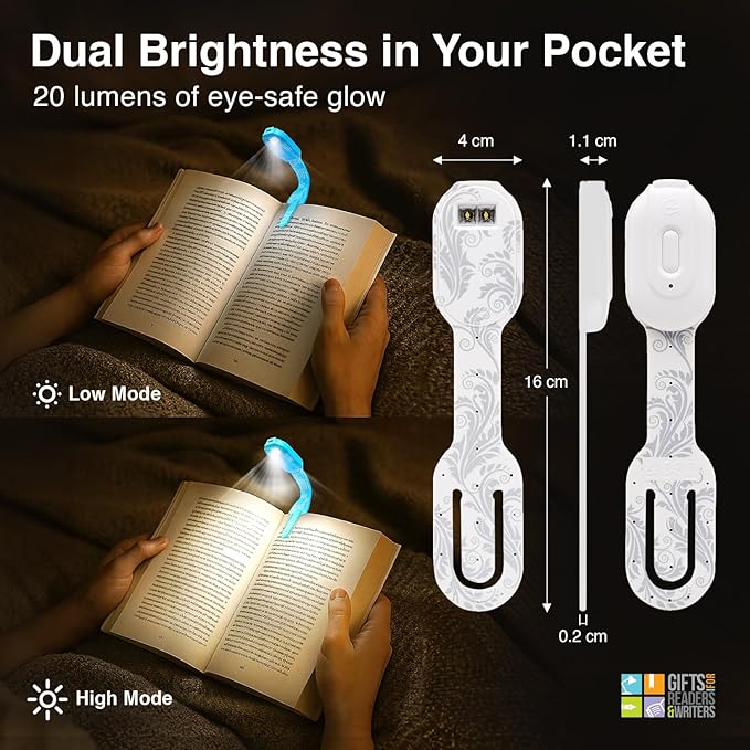 Gifts for Readers & Writers Rechargeable Book Light, Clip On Reading Light for Bed, 2in1 Flexilight & Bookmark, 12 Hours of Light Once Charged, Includes USB Cable & 2 LED Lights, White Flowers