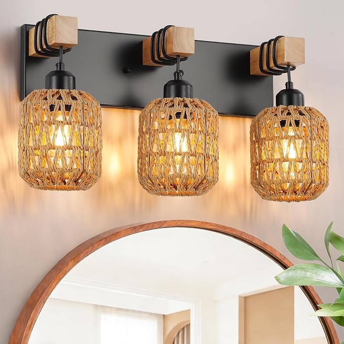 LmnLvn 3-Light Bathroom Vanity Light, Boho Farmhouse Rattan Handwoven Shade | Wood & Metal Frame, Rattan Vanity Light Design, Mounted Over Mirror, Easy To Install for Restroom, Bedroom & Hallway