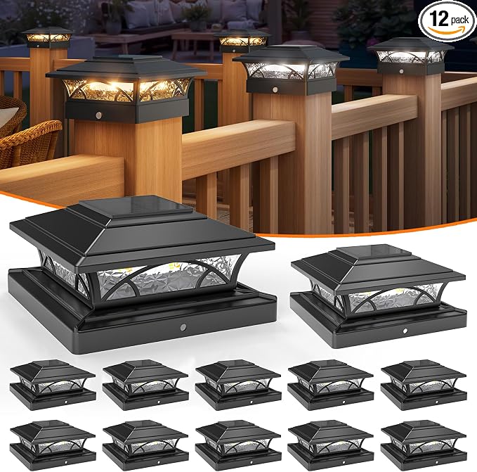 APONUO Solar Post Cap Lights 12 Pack - 4x4 5x5 6x6 Fence Post Lights, Auto On/Off, Waterproof IP64, 2-Mode (Warm/Cool White), Deck Patio Yard Solar Light for Wood & Vinyl Posts, Black
