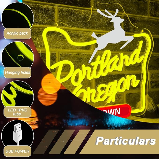 Mutank Portland Oregon Neon Sign, Iconic City Neon Light USB Powered LED Dimmable, for Portland Themed Room Decor Game Room Man Cave Home Bar Decor(12.9 * 12.5 In)