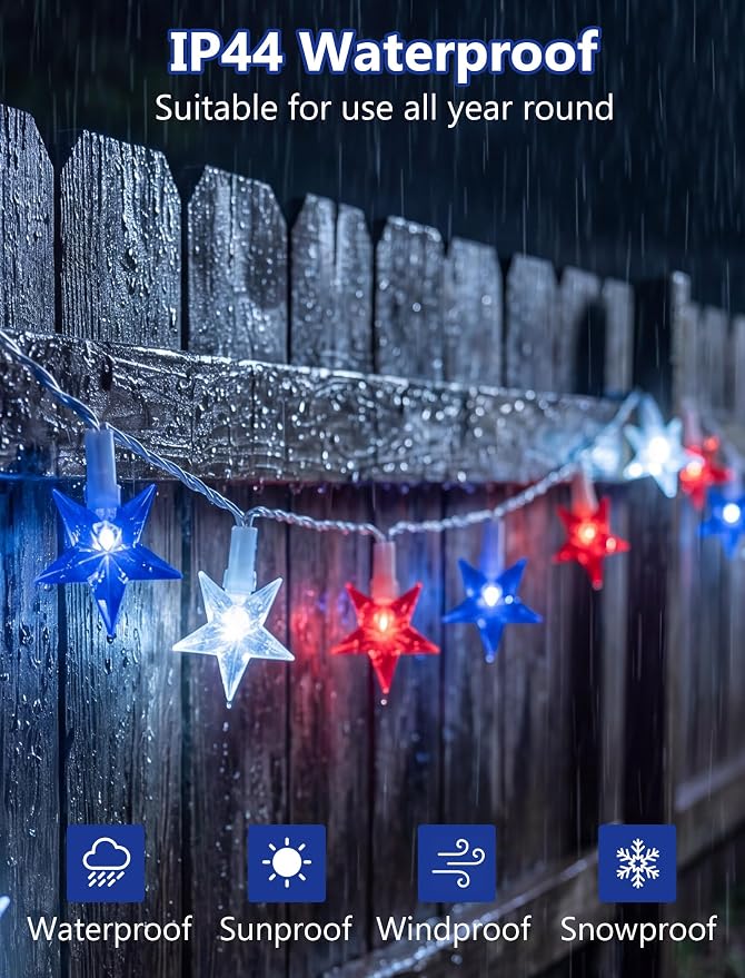 35 Red White and Blue Star Lights, 13.6Ft 4th of July String Lights | Plug in, Connectable, UL Certified, Five Star LED Bulbs, Home Decorations for Independence Day Patriotic Party, White Wire
