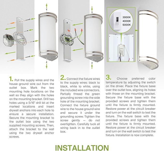 ASD LED Indoor Wall Mount Light Fixture - 18 Inch 25W Modern Interior Nickel Dimmable Wall Sconce Light - ETL 3000K 4000K 5000K Adjustable - Hallway, Bedroom LED Wall Lights