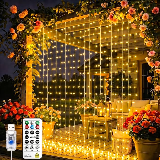 Curtain String Light, 300LED 9.8x9.8ft, Remote & 8 Modes, USB | Window Wall Hanging String Lights, For Bedroom, Wedding, Party, Home, Garden and Indoor Decorations, Warm White
