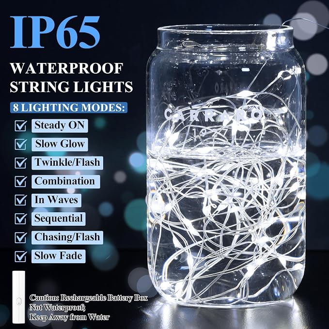 66FT(33×2) Cool White Rechargeable Fairy Lights, 8 Modes Waterproof Copper Wire String Lights with Timer for Bedroom Christmas Wedding Centerpiece Decor