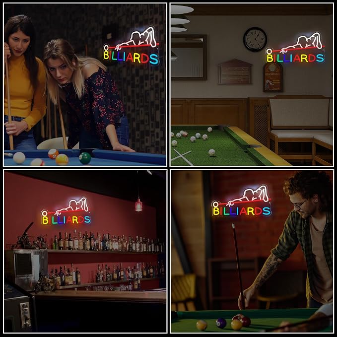 Billiards Neon Sign, USB Powered LED Pool Room Decor | Pool Hall Wall Decor for Game Room, Man Cave, Bar, Party Decoration and Billiards Player Gift