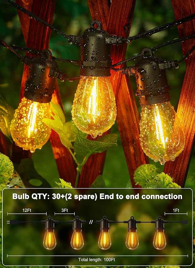 Brightown LED Outdoor String Lights for Patio 100FT with 32 Shatterproof S14 Vintage Edison Bulbs, Waterproof Outside Hanging Lights for Backyard Deck Garden Party Xmas Decor, 2700K | S14 Vintage Edison Bulbs, IP65 Waterproof Outside Hanging Lights for...