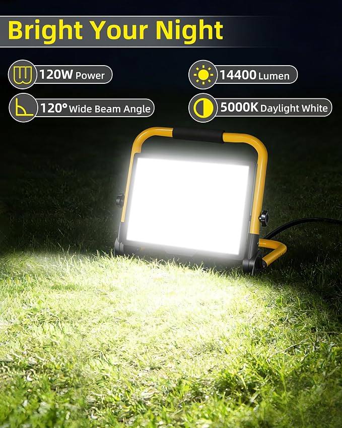 14400LM Work Light with 16FT Cord+Switch, IP66 for Garage Workshop, 2Pack | 120W LED Flood Light Plug in Outdoor, Portable Worklight with Stand, 5000K Daylight for Construction Job Site Car Repairing