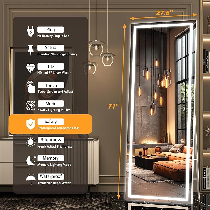 Hasipu Full Length Mirror with Lights, 71" x 27.6" LED Lighted Floor Standing, Full Body Dressing Hanging Mounted Mirror, Tempered Glass, Square White