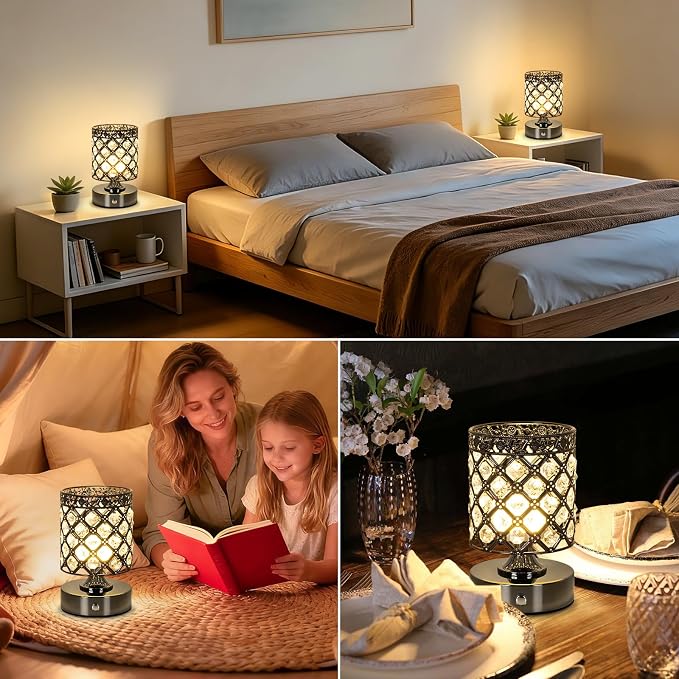 Black Small Crystal Rechargeable Cordless Table Lamps Set of 2 | 6000mAh Battery, 3 Color Temps, Stepless Dimming, Touch Control, Portable Wireless Night Light for Bar Bedroom Living Room