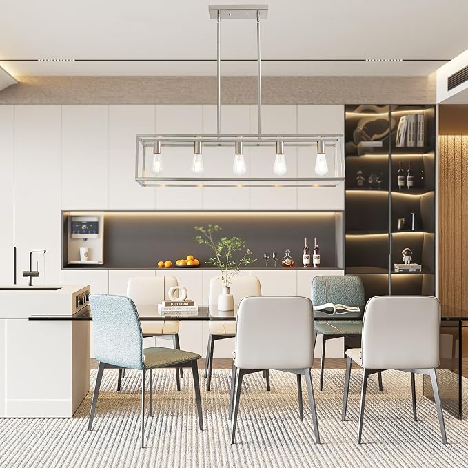 Dining Room Light Fixture, Modern Linear Hanging Light Fixture Matte Brushed Nickel 5-Light Industrial Pendant Lighting for Kitchen Island