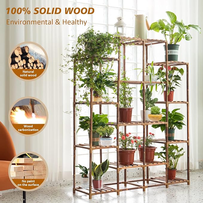 Tall Shelf for Multiple Plants Indoor Outdoor 14 Tiers 16 Pot Holder Large Rack Wood Stand Shelves for Room Corner Balcony Garden Patio