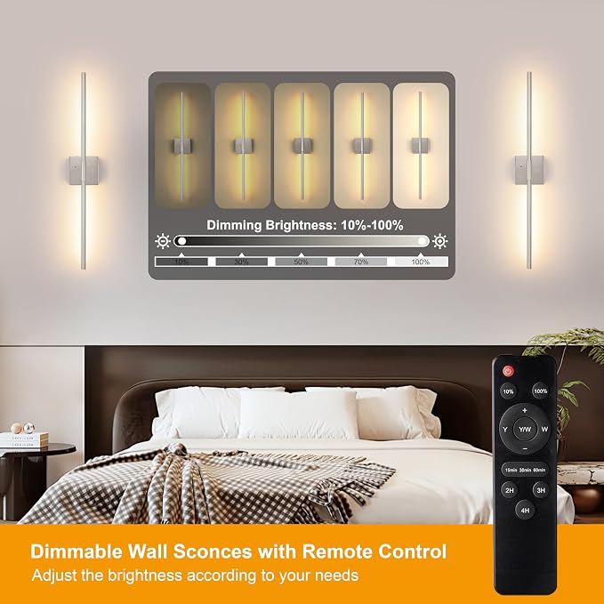 Morauroral Battery Operated Wall Sconces Set of 2, 3 Color Dimmable Rechargeable Wall Light with Remote, 24 Inch Sand-Nickel Wireless Sconces Wall Decor with Timer Function for Living Room, Bedroom,TV