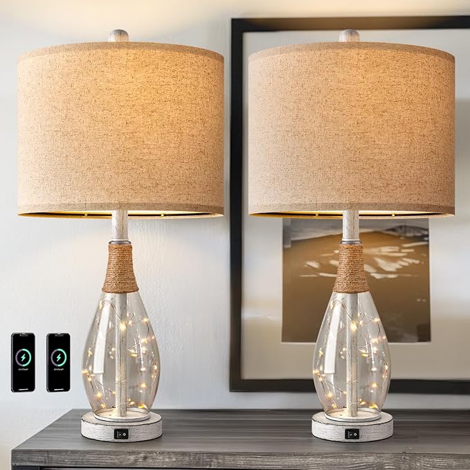 23" Table Lamps for Living Room Set of 2 Bedside Lamps for Night Stands Bedroom Lamps Farmhouse Rattan Boho Lamp Glass Nightlight End Table Lamp with USB C+A (White),Two Light Points