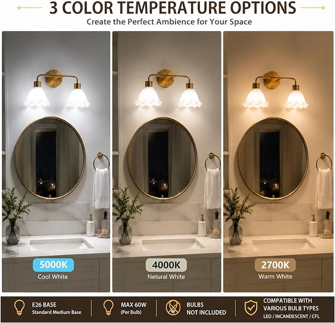 2 Light Gold Brass Bathroom Light Fixture,Brush Gold Vanity Lighting Over Mirror,Cute White Glass Flower Lampshade,Wall Sconces,E26 Socket(Bulbs Not Included)
