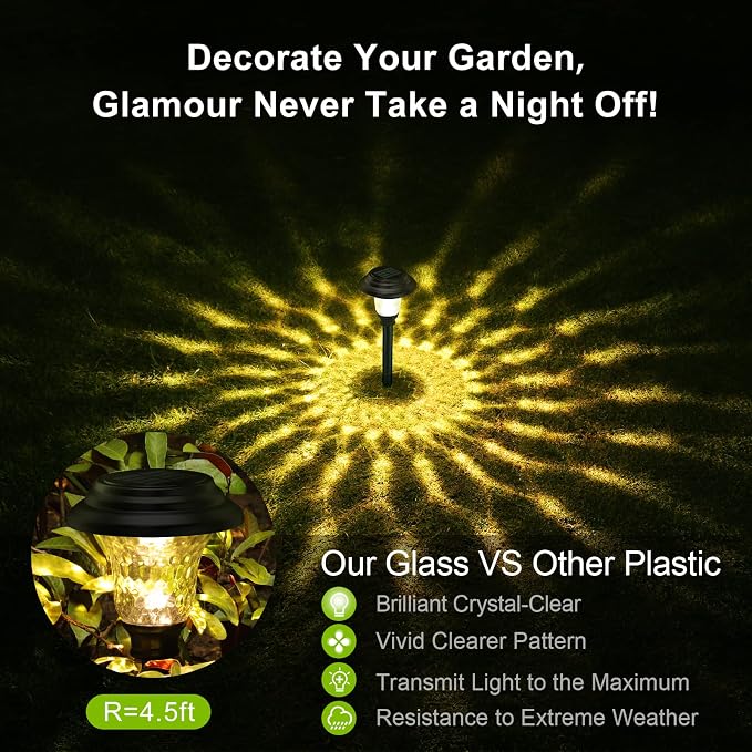 Glass Solar Lights Outdoor waterproof, 8 Pack Super Bright Solar Pathway Lights, Up to 12 Hrs Long Last Auto On/Off Garden Lights Solar Powered, Stainless Steel LED Light For Yard Landscape Warm White