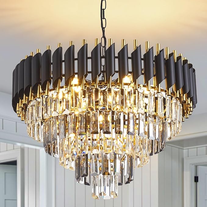 Large Crystal Chandelier 24Inch Dining Room Light Fixtures 5 Tiers Flush Mount Smoke Grey and Gold Chandelier 10 Lights Round Large Chandeliers for Dining Room