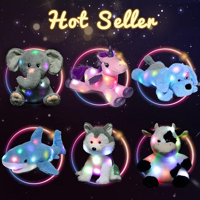 Hopearl Adorable LED Plush Unicorn Lighting Up Cute Stuffed Animal Floppy Night Lights Glow in The Dark Birthday Festival for Kids Toddler Girls, White, 11''