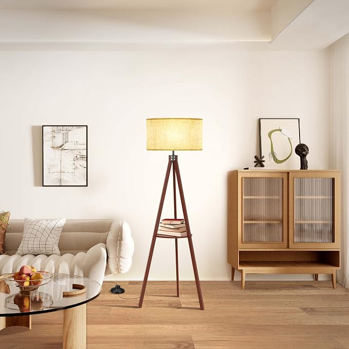 LEPOWER Shelf Floor Lamp Tripod Mid Century Modern Lamps for Living Room | Light-Diffusing Linen Shade, Premium Rubberwood, E26 Base, Foot Switch, Adding Warmth to Bedroom, Office & Study Corner Brown
