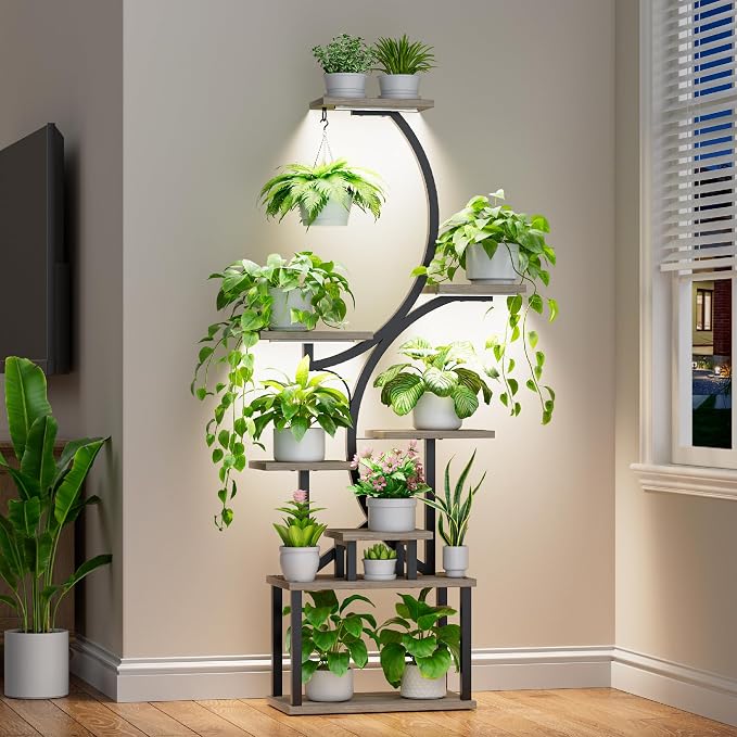 BACEKOLL Plant Stand Indoor with Grow Light, 8 Tier Corner Plant Shelf Tall | 62" Lighted Flower Holder for Plant Multiple, Space-Saving Beautiful Display Growing Rack for Home Patio, Sturdy Metal, Grey