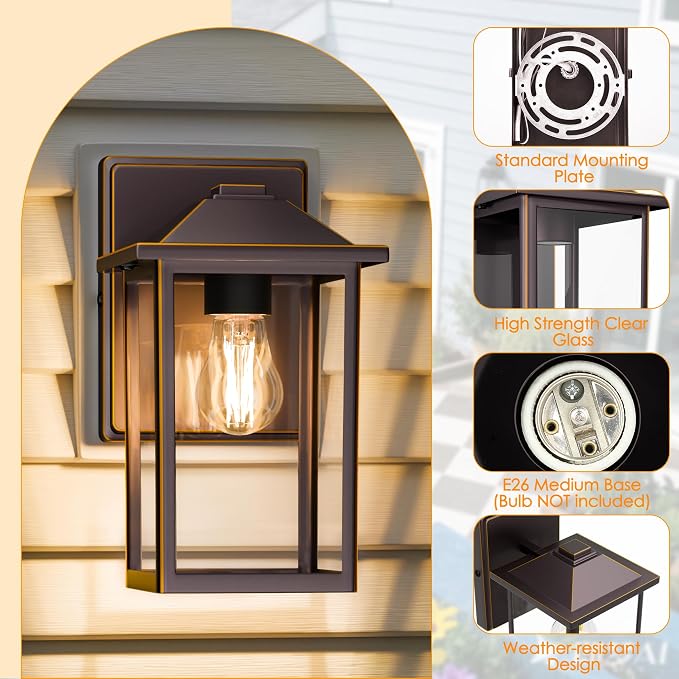 Outdoor Wall Light Fixture, Exterior Waterproof Porch Lighting | Large Oil Rubbed Bronze Patio Wall Lantern, Anti-Rust, Clear Glass, E26 Socket, Wall Mount Sconce Lighting, Front Door Light