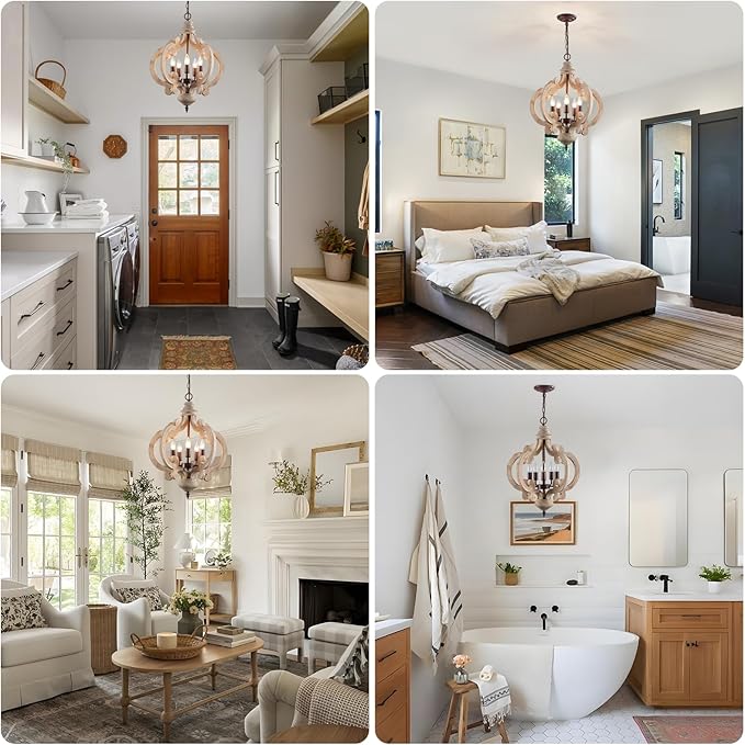 5-Light Farmhouse Chandelier, Rustic Wood and Metal Light Fixture with Distressed White Finish & Rust Accents, Adjustable Height for Dining Room, Kitchen Island, Entryway, Foyer, Bedroom