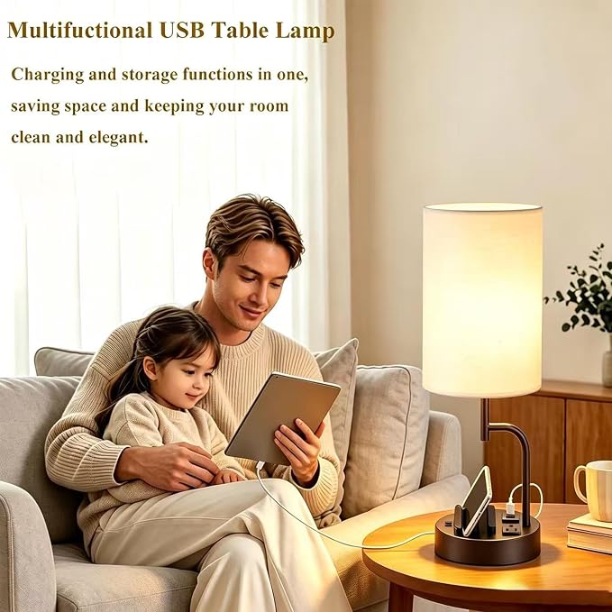 Dreamholder 2 Pack Table Lamp, Bedside Lamp with 3 USB Charging Ports & AC Outlet, USB Desk Lamp with 2 Phone Holders, Linen Fabric Shade Nightstand Lamps for Bedroom Living Room Office, Dark Brown