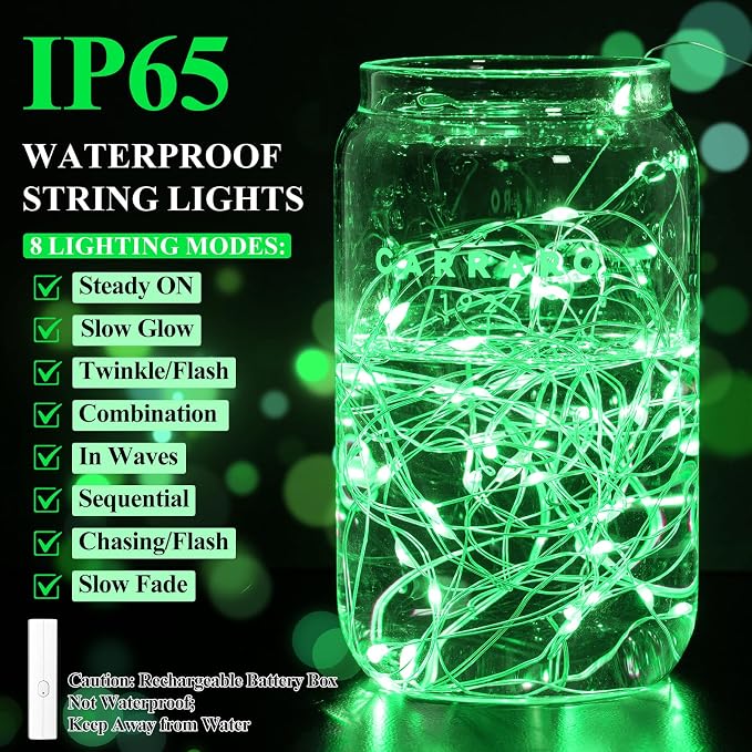 16FT(5M) Green Copper Wire Fairy Lights, Rechargeable Battery Operated String Lights with Timer & 8 Modes, Waterproof Twinkle Lights for St. Patrick's Day Bedroom Christmas Party Wedding Decor