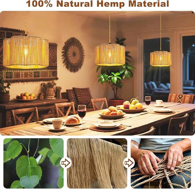 Hanging Lamps Rattan Pendant Light Hanging Lights 16.4ft Plug in Cord Pendant Light Fixture Plug Into Wall Outlet Pendant Lighting with On Off Switch for Bedroom Living (Cylindrical Flower Shade)