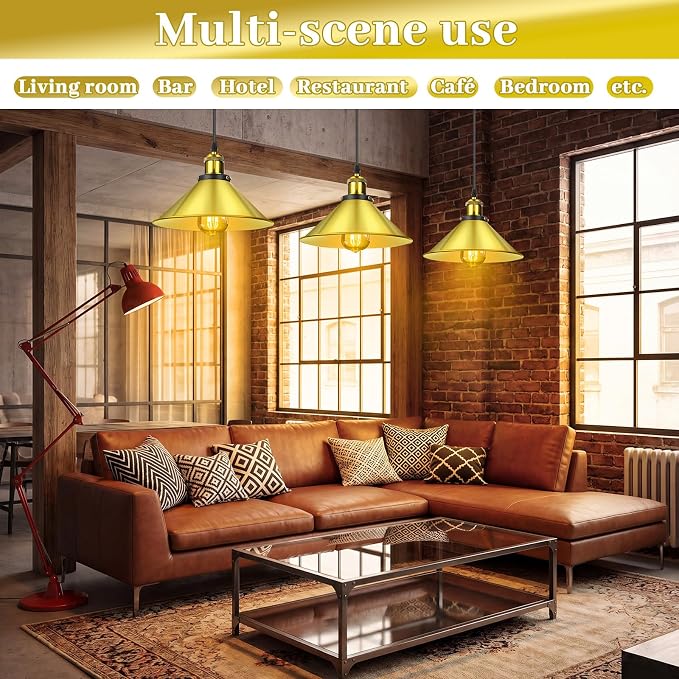 12 Pcs Industrial Pendant Light Vintage Metal E26 Base Hanging Light Rustic Dome Pendant Lamp Fixture Farmhouse Kitchen Hanging Ceiling Lamp for Dining Room Bedroom Hallway Bar (Gold)