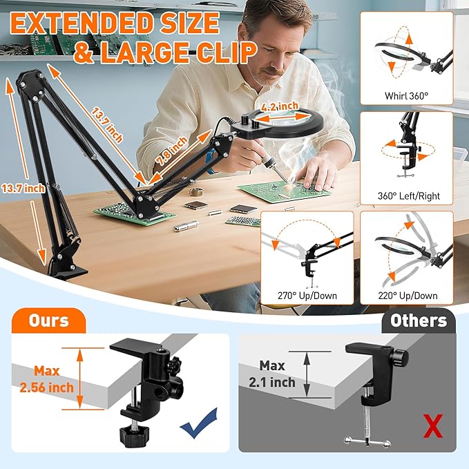 KIRKAS 12X & 30X Magnifying Glass with Light and Clamp, Extra-long Arm Magnifying Lamp Overhead Knob for Workbench Craft Repair Sewing, LED Lighted Magnifier Real Glass Lens Stepless Dimming and Color