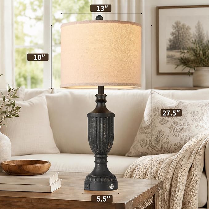 Black Farmhouse Lamps for Living Room Set of 2, 27.5" Bedroom Lamps Set of 2 with USB Ports, Dimmable Rustic Bedside Lamps Nightstand Lamps