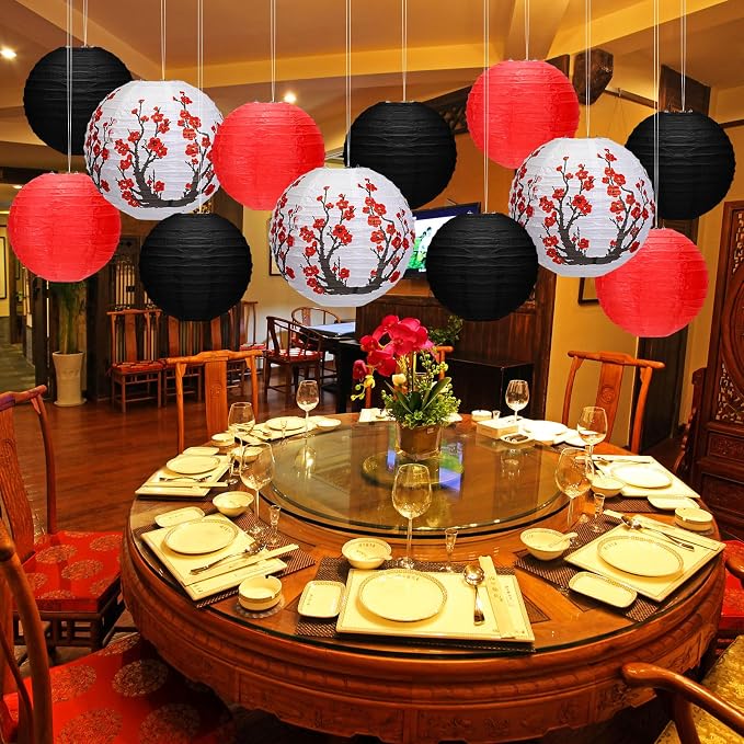 Mudder 20 Pack Japanese Sakura Paper Lanterns, Red Black White Hanging Lantern Decorations, Asian Zen Theme Party Decor for Hibachi Birthday Wedding Restaurant Home Decoration
