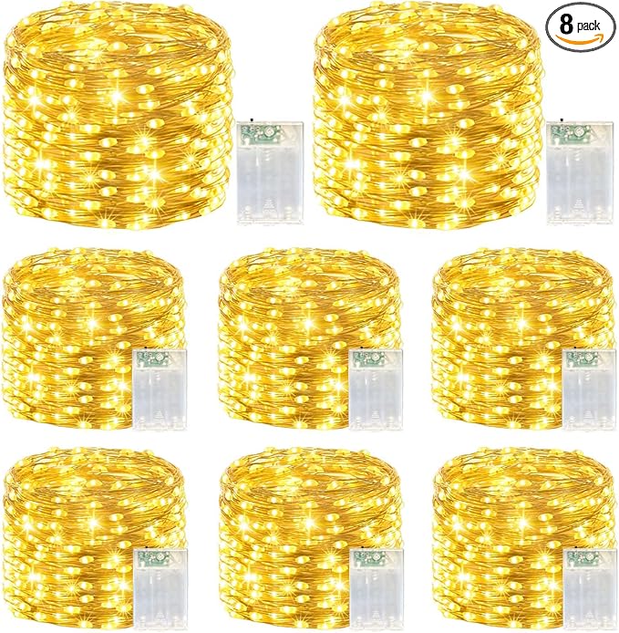 LitHome 8 Pack Warm White Fairy Lights Battery Operated, Each 20 FT 60 LED | Twinkle Lights Battery Operated 2 Modes, Waterproof Fairy String Light for Classroom Indoor Bedroom Christmas Wedding Decor