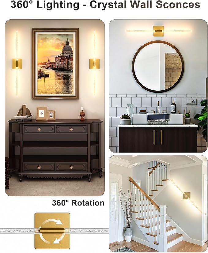 Wall Sconce Set of 2: Gold Rechargeable Wireless Magnetic Install, Crystal | 10000mAh Battery Operated, 360° Rotatable Wall Light,4CCT Dimmable LED Scone Lighting for Living Room Bedroom. 31.7in