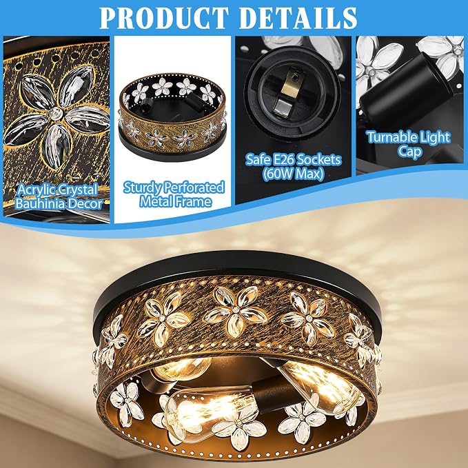 12.6 Inch Black Flush Mount Ceiling Light Fixture | 3-Light, Flower, Farmhouse, Kitchen, Dining Room, Bedroom, Living Room, Foyer, Entryway