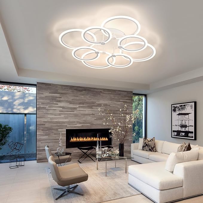 LED Ceiling Light, 8-Ring Modern Flush Mount Fixture, 145W Dimmable 3000K–6500K, White Ceiling Light with Remote for Living Room Bedroom Kitchen (35.4")