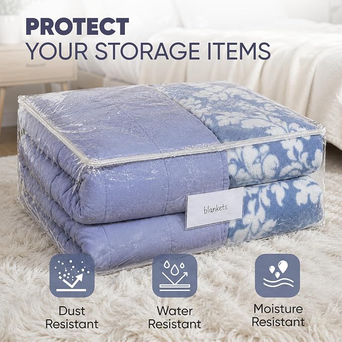 Masirs Clear Blanket Storage Bag (2-Pack) - Vinyl Clothing Organizers with Zipper & Label Pocket - Protects from Dust, Moisture & Dirt - Ideal for Underbed Storage Sheets, Comforters & Bedding