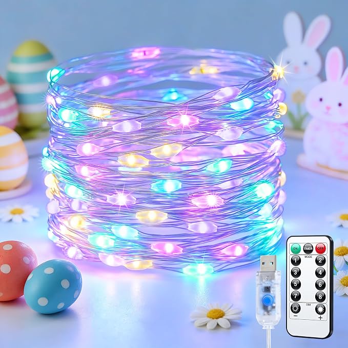 JMEXSUSS 100 LED Easter Fairy Lights Plug in USB Powerd | Pastel Fairy Lights, 8 Modes & Timer, Outdoor & Indoor, Twinkle Lights for Bedroom Girl's Room Fireplace Easter Decorations