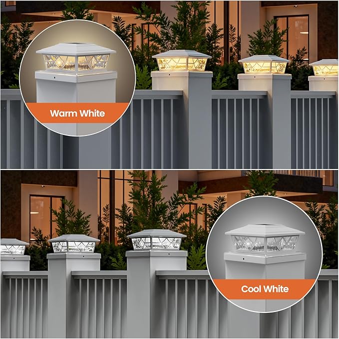 APONUO Fence Post Solar Lights 4 Pack - 5x5 Solar Post Cap Lights White for Vinyl Fence, IP64 Waterproof, Fits 4x4 5x5 6x6 Wood/Vinyl Posts, Auto On/Off, Deck, Patio, Porch & Yard (Warm/Cool White)