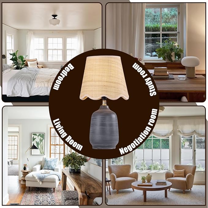19" Modern Ceramic Table Lamp for Living Room Cream Base Desk Lamps for Bedroom Farmhouse Bedside Nightstand Lamp End Table Lamps,White Striped Black Base,Rattan Shade