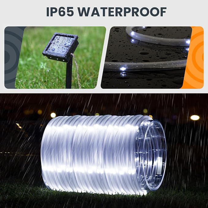 GIGALUMI 2 Pack LED Solar Rope String Lights Outdoor Waterproof, Cool White | Total 72FT 200LED, 8 Modes IP65, Solar Strip Lights for Outside Tree Fence Railing, Decorative Lighting for Patio Yard Porch