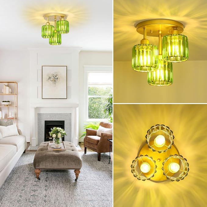 PAUFUL Green Crystal Close to Ceiling Light Fixtures,3-Light Modern Semi Flush Mount Ceiling Light,Kitchen Light Fixture with Crystal Shades,Hallway Lighting Fixture for Entryway Bedroom Bathroom