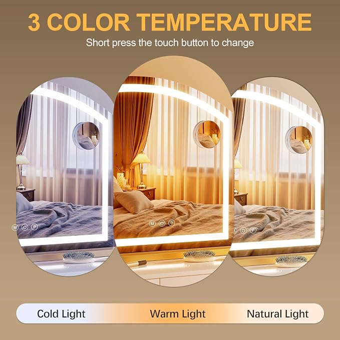 Hasipu Arch Vanity Mirror with Light, Arched Led Makeup Mirror with 10X Magnification, Tabletop Desk Mirror with USB Charging Port, Dimmable 3 Colors Mode, 32" x 24" Inch Gold