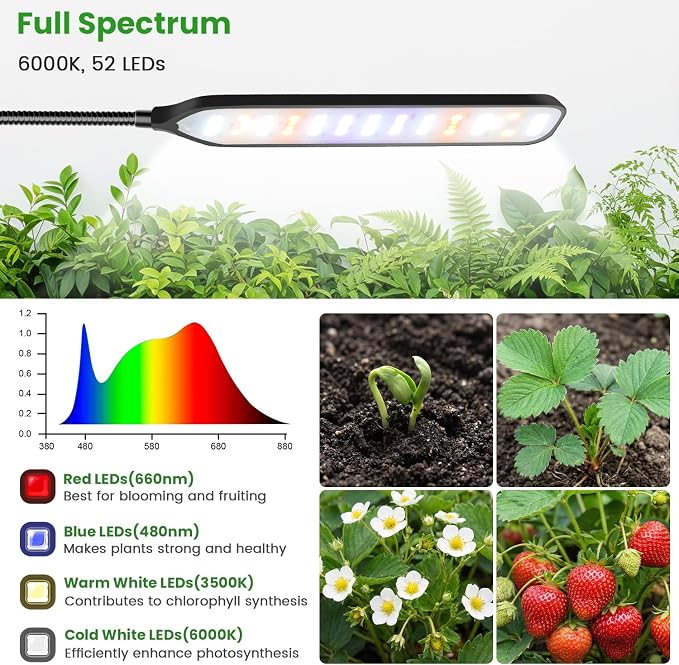 Plant Lights, LED Full Spectrum with Gooseneck & Clip, 3Pack | 6000K Rectangular Grow Lights for Indoor Plants, Timer 6/12/16Hrs, 3 Spectrums, 5 Dimmable Levels, for Pot & Table