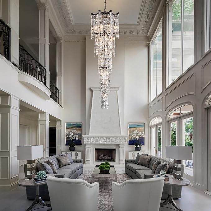 79" Long Crystal Chandelier for High Ceilings, 21-Light Modern Large Foyer Chandelier for Staircase Entryway Living Room, Luxury K9 Crystal Tiered Ceiling Light Fixture Black