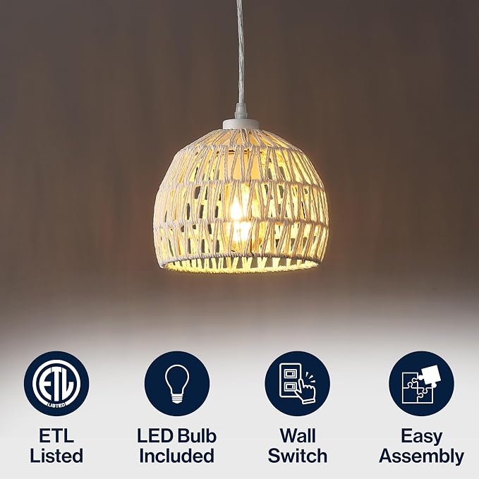 JONATHAN Y Campana 1-Light Pendant Dome Ceiling Lamp, 8.25", Cream | Modern Coastal Farmhouse Decor, Adjustable Height, Woven Rope Metal Frame, LED Bulb Included, UL Listed